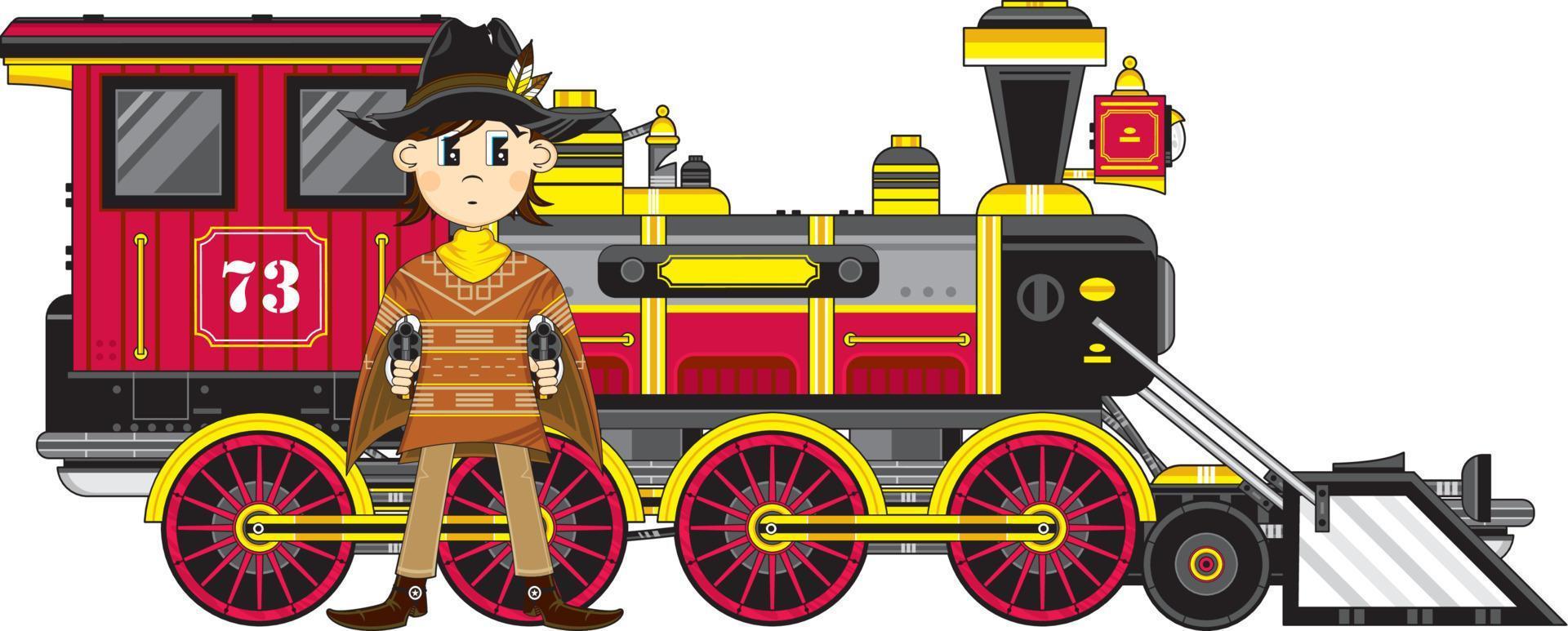 mignonne dessin animé sauvage Ouest cow-boy dans poncho avec vapeur train vecteur