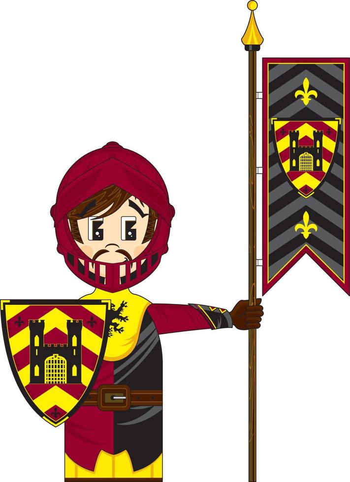 dessin animé courageux médiéval Chevalier avec bouclier et bannière drapeau vecteur