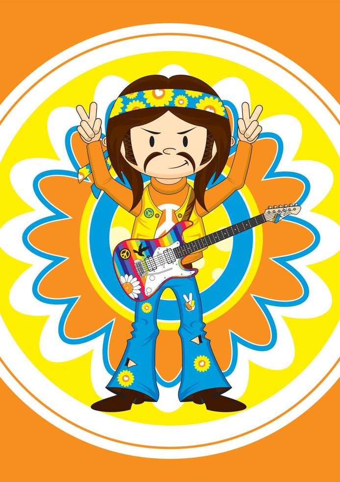 dessin animé années soixante hippie personnage avec électrique guitare vecteur