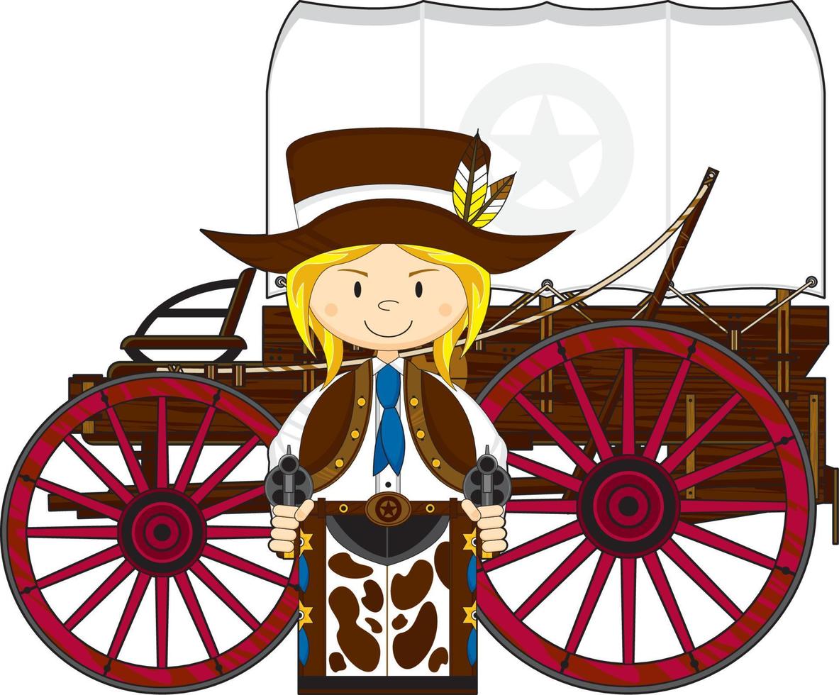 mignonne dessin animé sauvage Ouest cow-girl Pistolero avec mandrin wagon vecteur