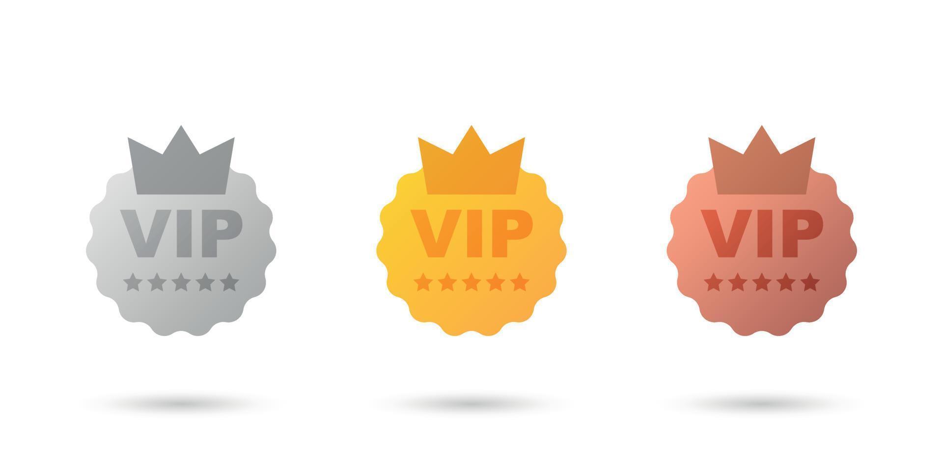 VIP badges icône dans plat style. or, argent et bronze Couleur vecteur illustration sur isolé Contexte. prime luxe signe affaires concept.