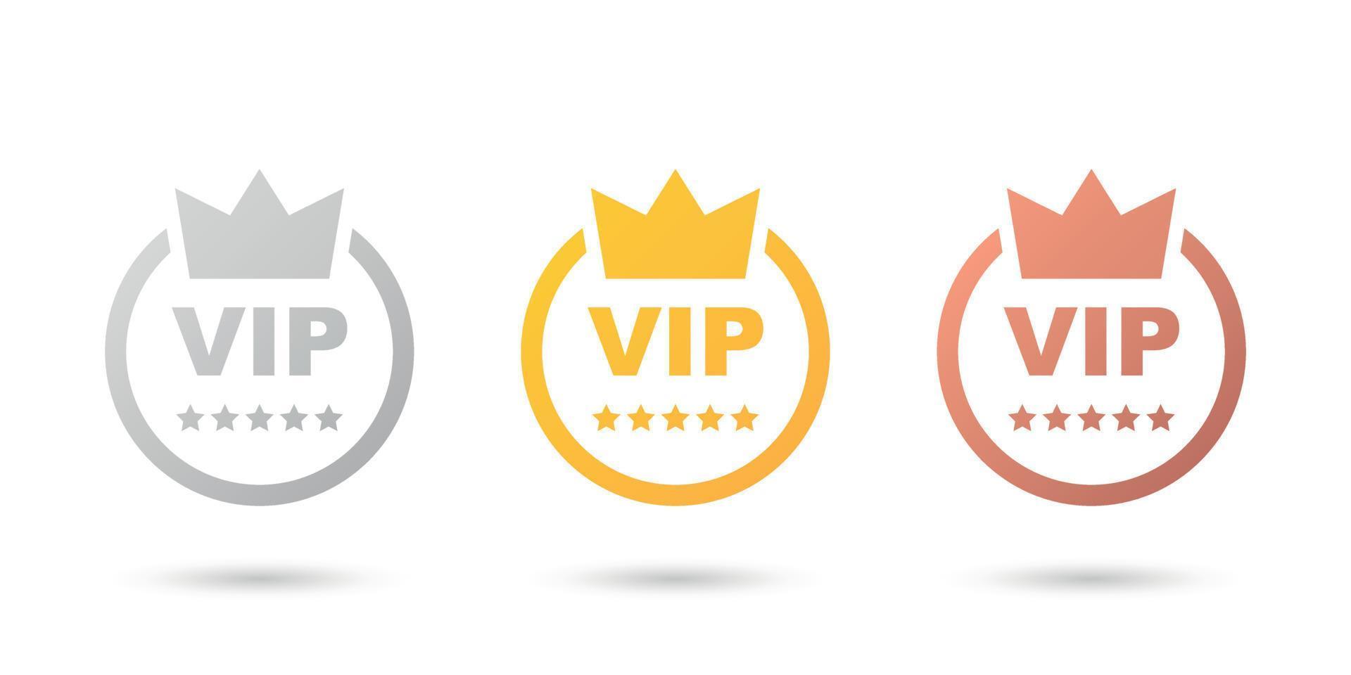 VIP badges icône dans plat style. or, argent et bronze Couleur vecteur illustration sur isolé Contexte. prime luxe signe affaires concept.