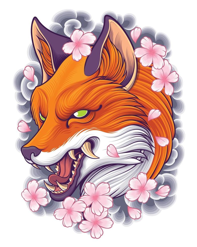 illustration de tête de renard avec fond d'art de tatouage japonais vecteur