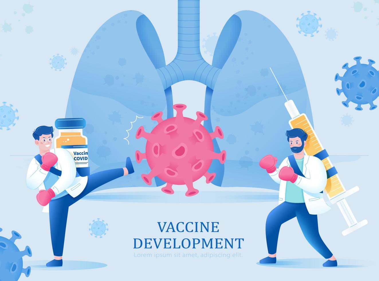 Masculin scientifiques avec vaccin bouteille et seringue combat le virus à protéger le poumons. concept de arrêt le convoitise pandémie par vaccination. vecteur