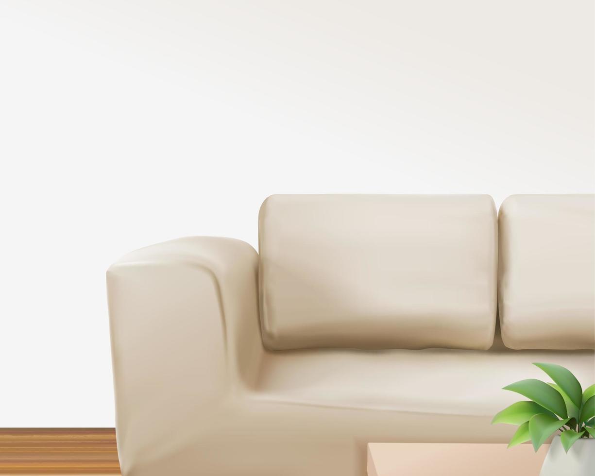 3d illustration de une réaliste beige Couleur canapé dans vivant pièce avec blanc mur et en bois sol, conception élément pour un d promotion vecteur