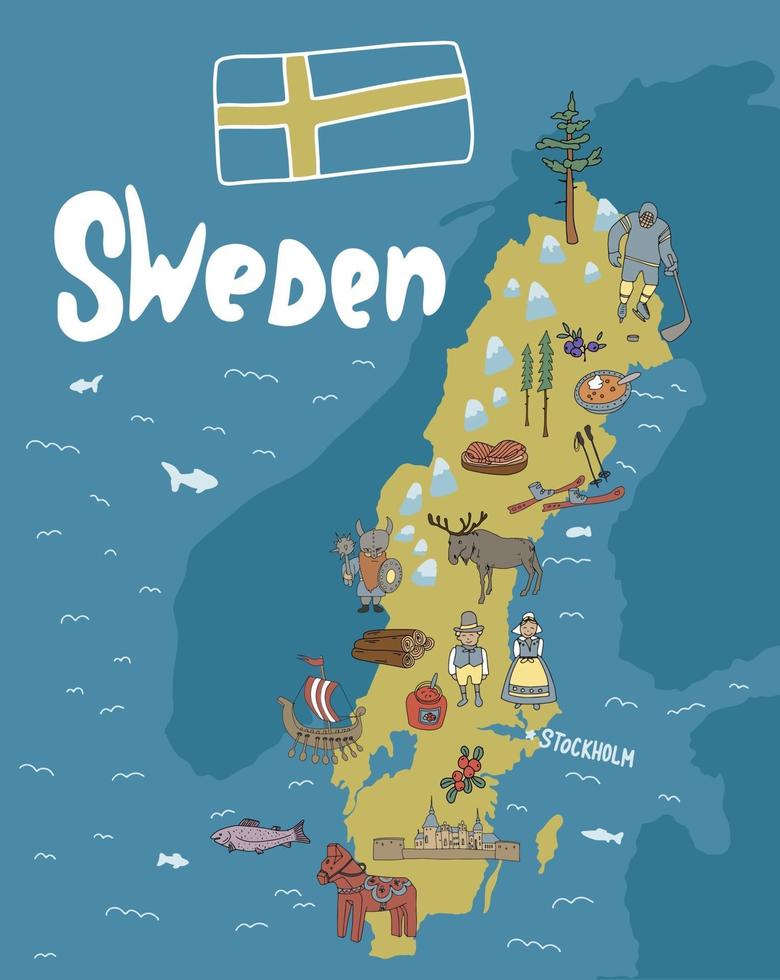 illustration dessinée à la main de la carte de la Suède avec des attractions touristiques. concept de voyage. Suède stockholm scandinavie objet repère vecteur doodle carte illustrations définies.