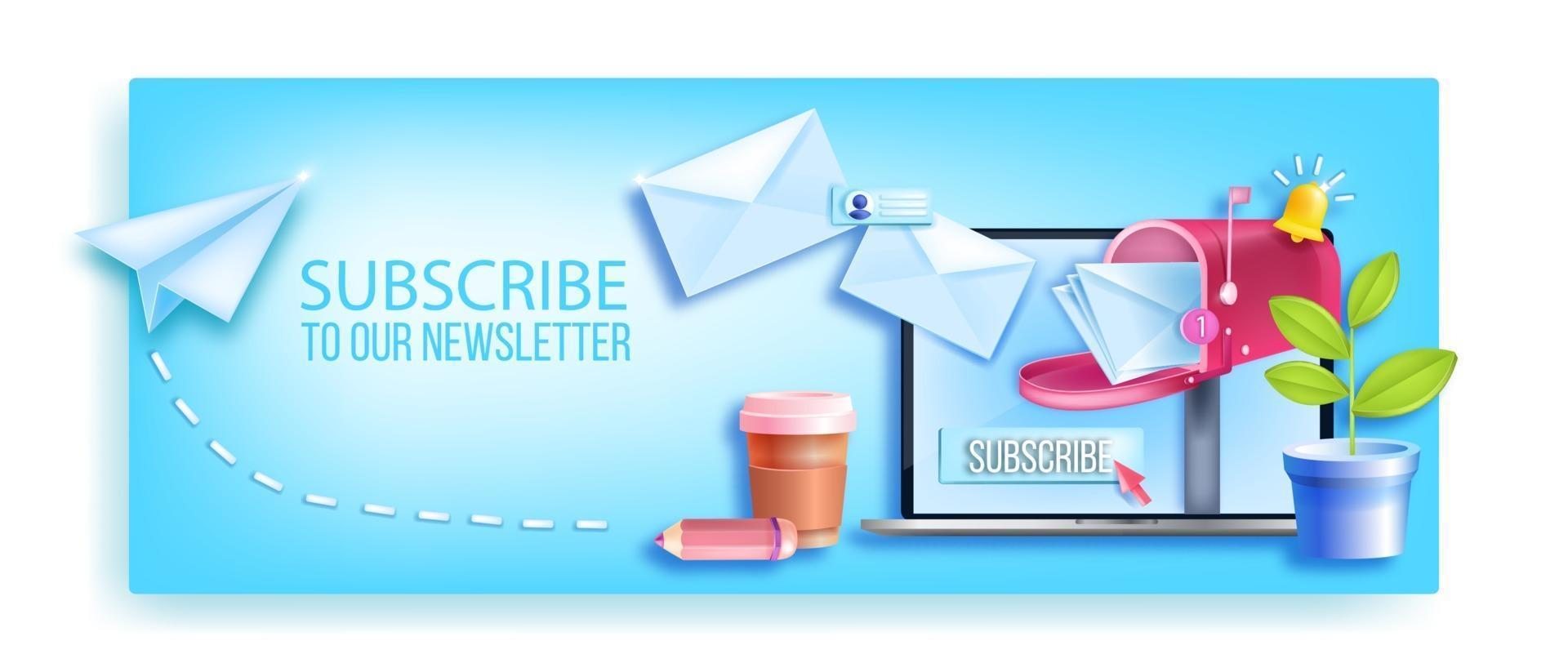 Abonnez-vous à la bannière de vecteur de newsletter, écran d'ordinateur portable, lieu de travail, boîte aux lettres, enveloppes, cloche de notification. courrier en ligne, fond de marketing Internet, avion. s'abonner au concept de newsletter