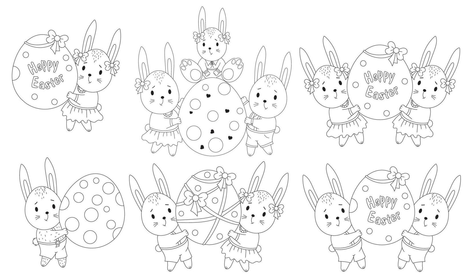 ensemble de croquis de pâques avec de jolis lapins de pâques et un gros œuf de pâques. famille d'animaux - une fille, un garçon et un bébé. illustration vectorielle. ligne, contour. dessins décoratifs pour la conception joyeuses pâques vecteur