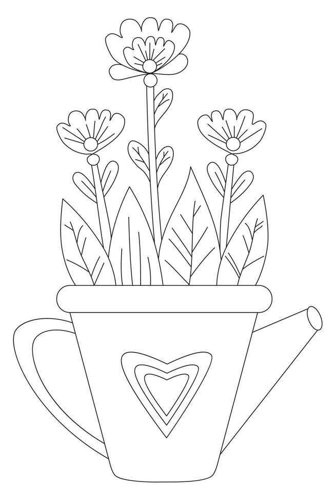 fleurs de printemps dans un pot en forme d'arrosoir. dessin vectoriel. ligne noire, contour. fond blanc. plante d'intérieur décorative, pot de fleurs pour impression, décoration, design, impression, décoration et cartes postales vecteur