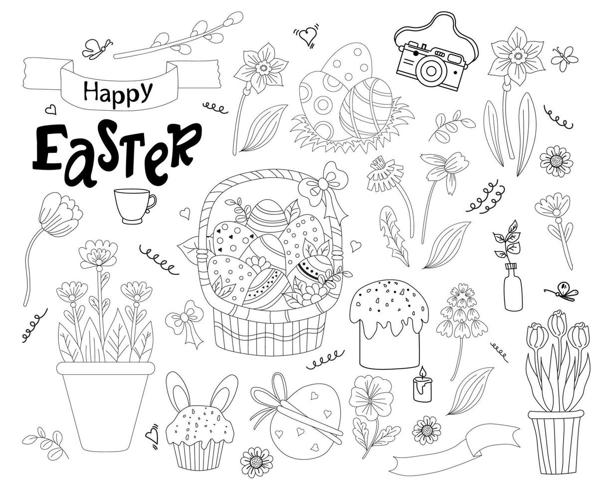 ensemble de griffonnages de Pâques - panier avec oeufs, cupcake, gâteaux de Pâques, lapin de Pâques, fleurs et feuilles, saule et tulipes, pissenlit et jonquille. vecteur. ligne. décor pour la conception de Pâques vecteur