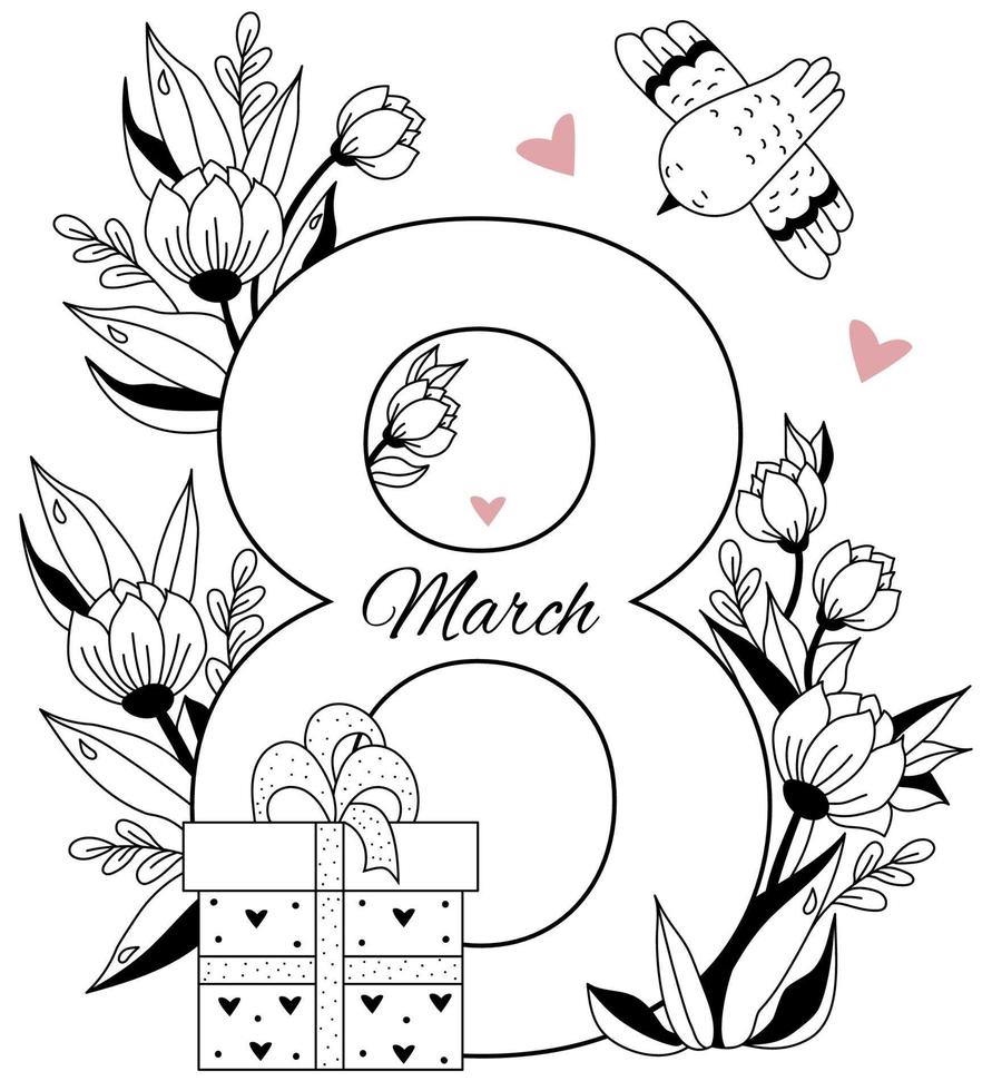 8 mars carte de vœux pour la journée internationale de la femme. numéro huit, un bouquet de fleurs, de cœurs et de feuilles, une boîte avec un cadeau et un oiseau. vecteur. motif décoratif, ligne noire, contour vecteur