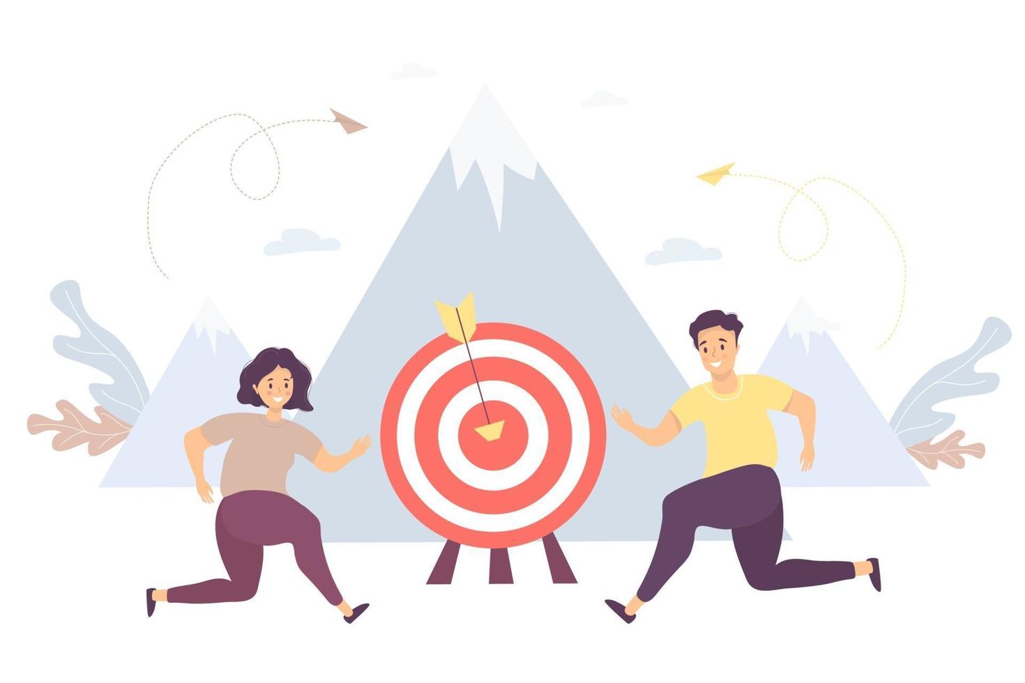 concept d'entreprise homme et une femme courent vers leur objectif, mouvement et motivation au sommet du succès. vecteur. illustration travail de partenaire, objectif et réalisation, succès commercial et marketing vecteur