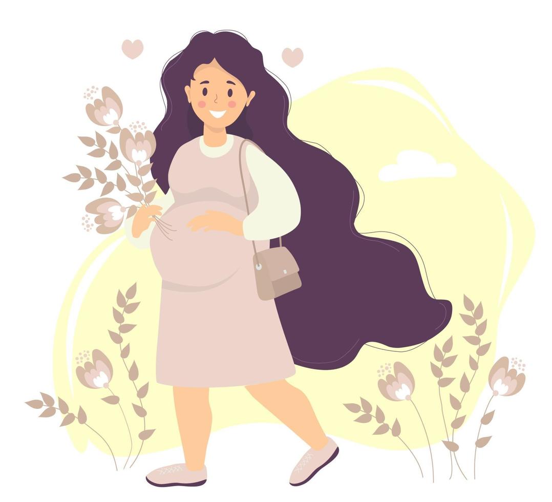 future maternité. Heureuse femme enceinte aux cheveux longs en robe étreint doucement son ventre d'une main et tient un bouquet de fleurs de l'autre. un sac est suspendu à l'épaule. illustration vectorielle vecteur