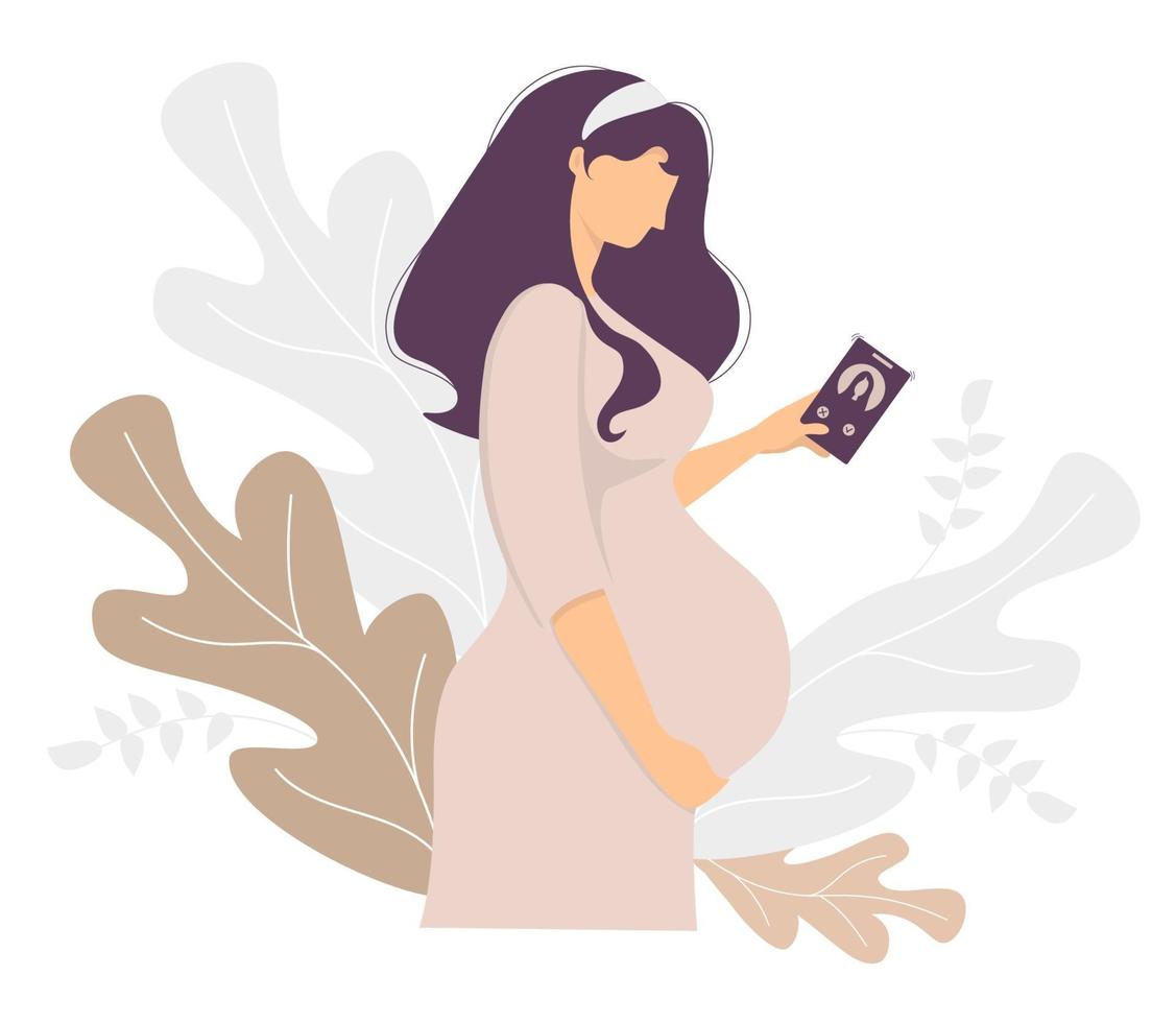 maternité. heureuse femme enceinte avec un téléphone portable à la main étreint doucement son ventre. se dresse sur fond de décor de feuilles tropicales. illustration vectorielle. pour la conception, l'impression, la décoration vecteur