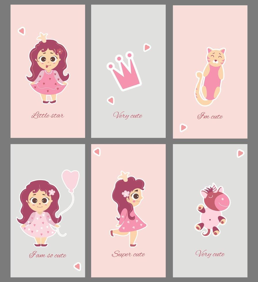 collection de cartes de bébé mignon. ensemble de cartes de voeux avec petites princesses, filles et animaux - chat et licorne et phrases mignonnes. impression créative avec des personnages. illustration vectorielle pour la conception vecteur