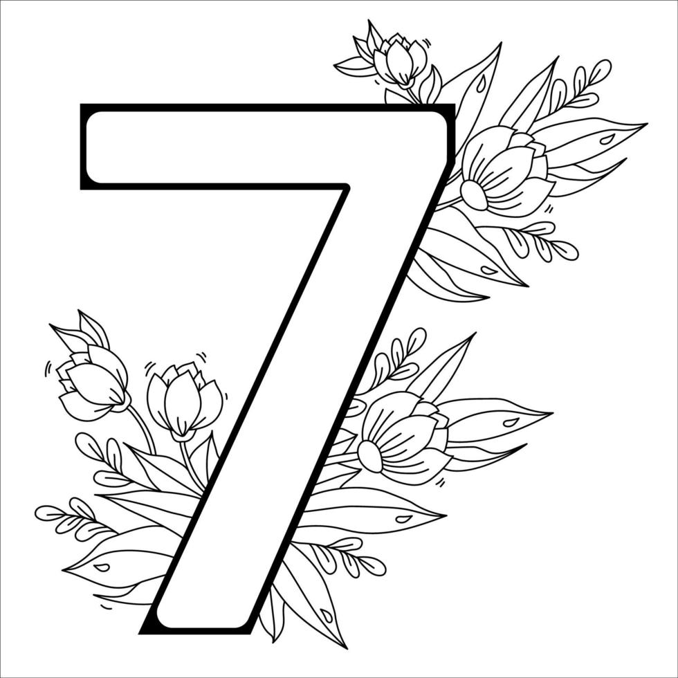 fleur numéro sept. motif décoratif 7 avec des fleurs, des tulipes, des bourgeons et des feuilles. illustration vectorielle isolée sur fond blanc. ligne, contour. pour cartes de vœux, impression, design et décoration vecteur