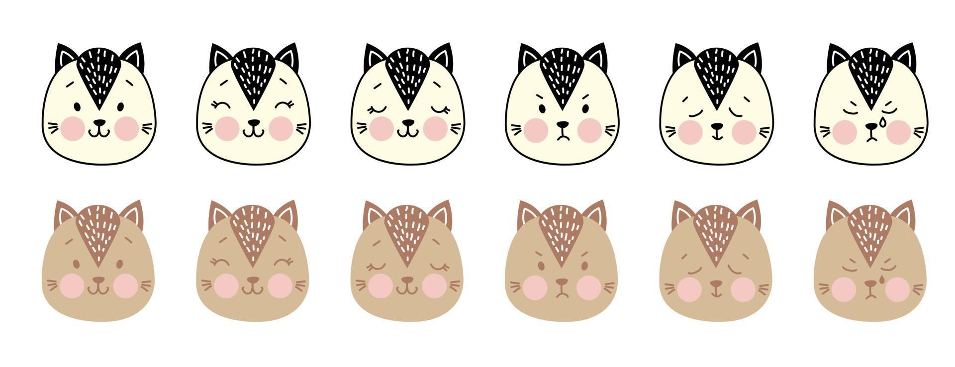 mignons portraits d'animaux simples. chat. un ensemble d'émotions - joie, colère, sommeil, pleurs. visage de chat - dessin couleur et noir et blanc. pour la décoration des enfants, l'impression, les textiles. illustration vectorielle vecteur