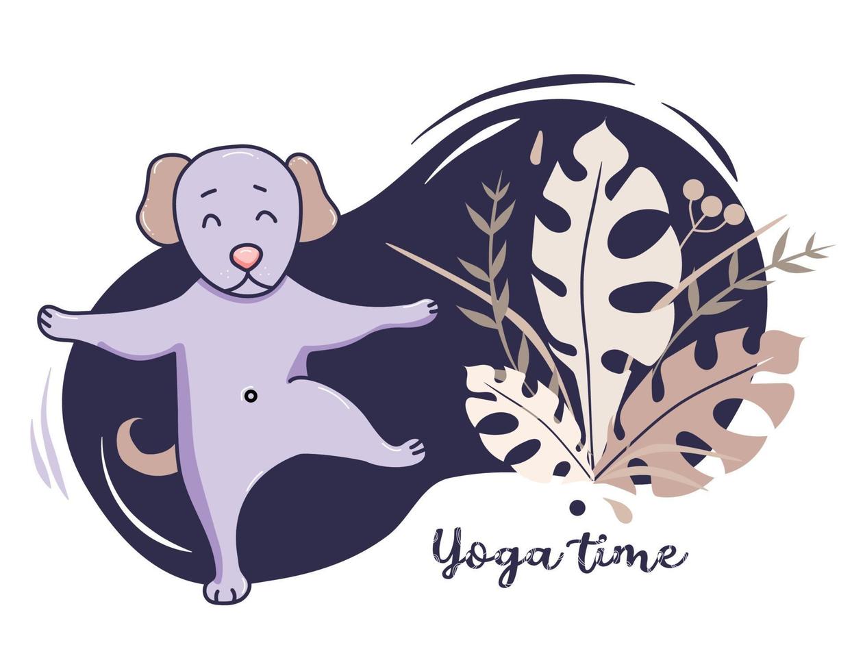 animaux de yoga. adorable chien fait du sport et s'étire, se tient dans un asana levant une patte sur un fond bleu décoratif avec des feuilles tropicales et un décor. vecteur. concept de passe-temps et de temps de yoga. design plat vecteur