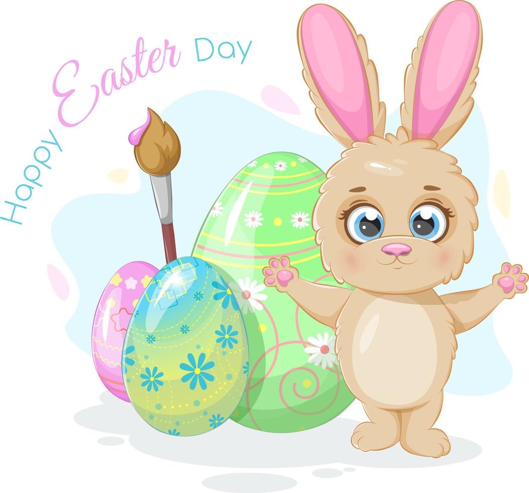 content Pâques journée carte postale avec lapin, des œufs et peindre brosse vecteur