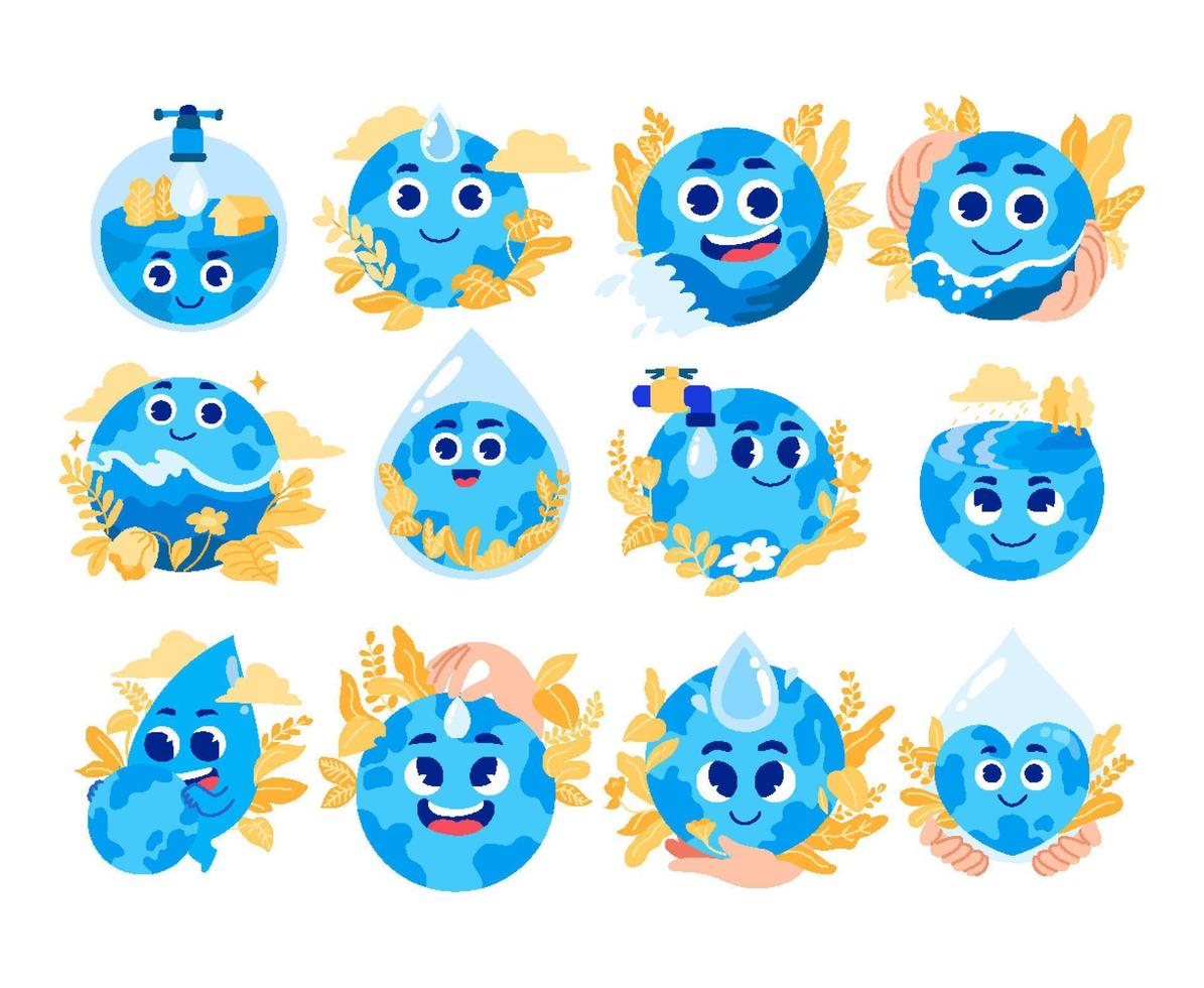 monde l'eau journée avec mignonne rétro globe dessin animé personnage vecteur illustration