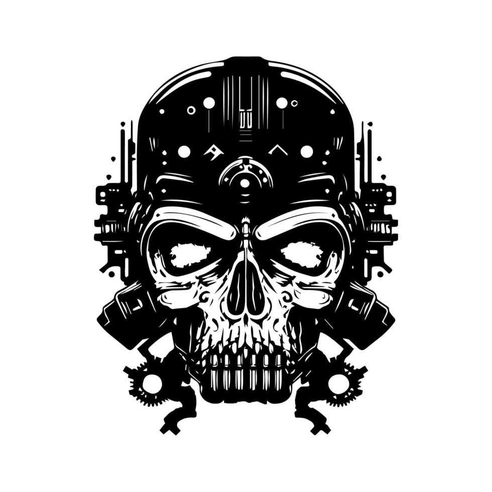 crâne tête logo noir et blanc encre main tiré illustration vecteur