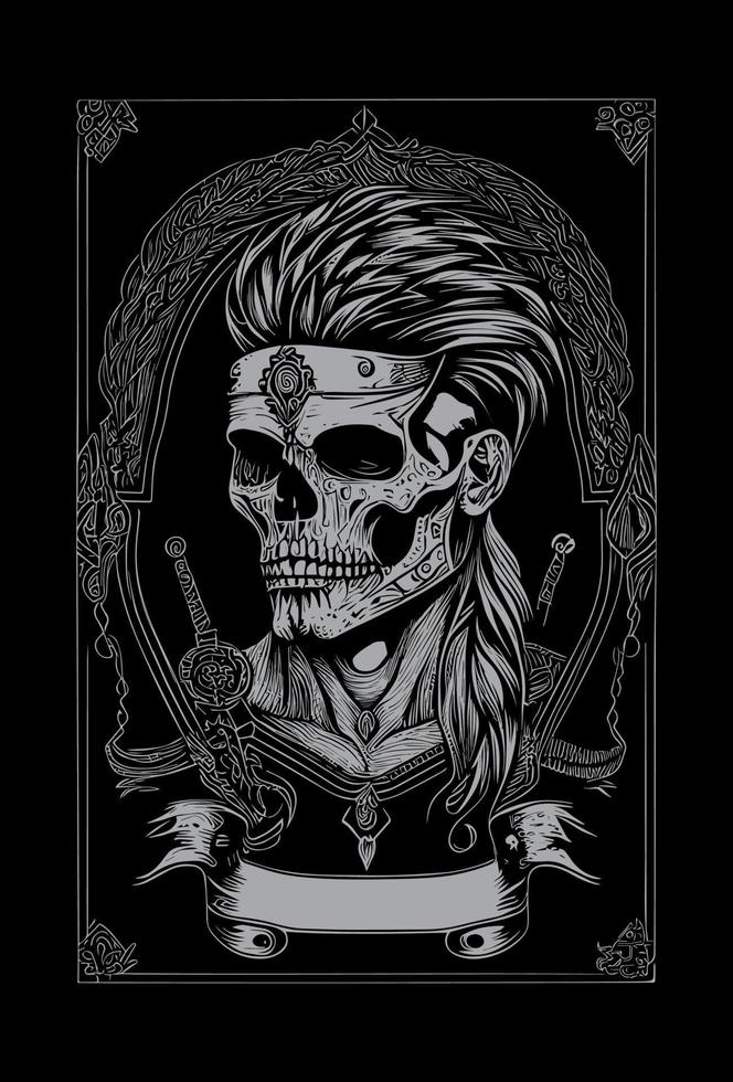 crâne guerrier logo noir et blanc main tiré illustration vecteur