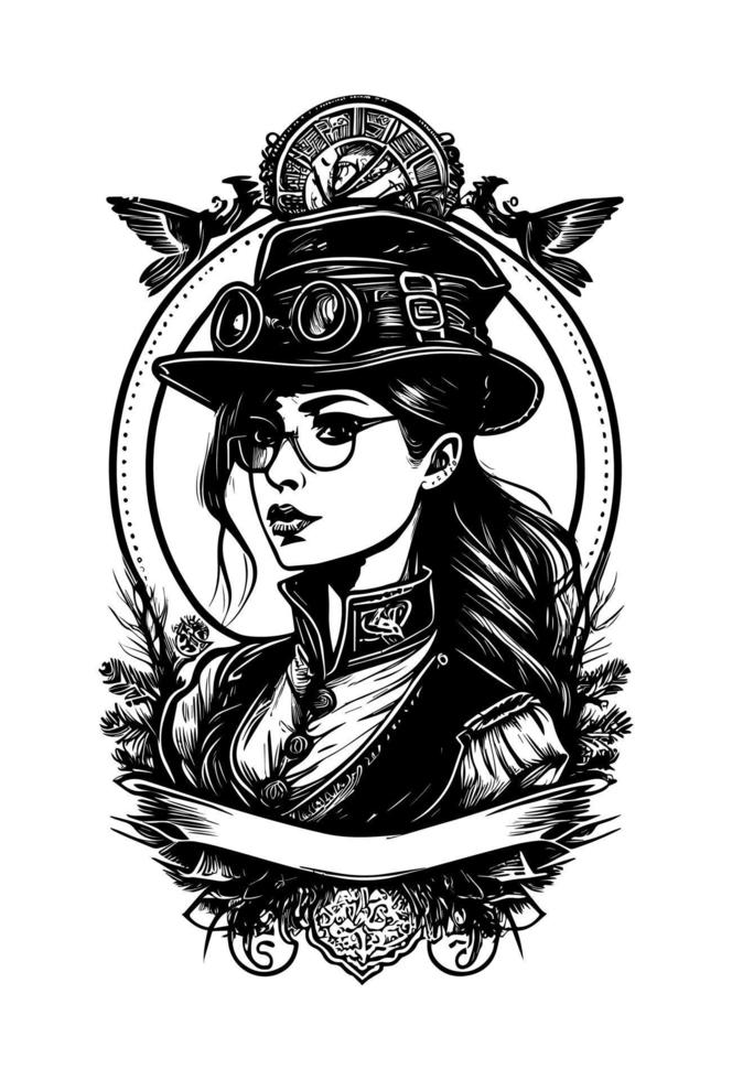 steampunk magnifique fille avec des lunettes et chapeau illustration vecteur