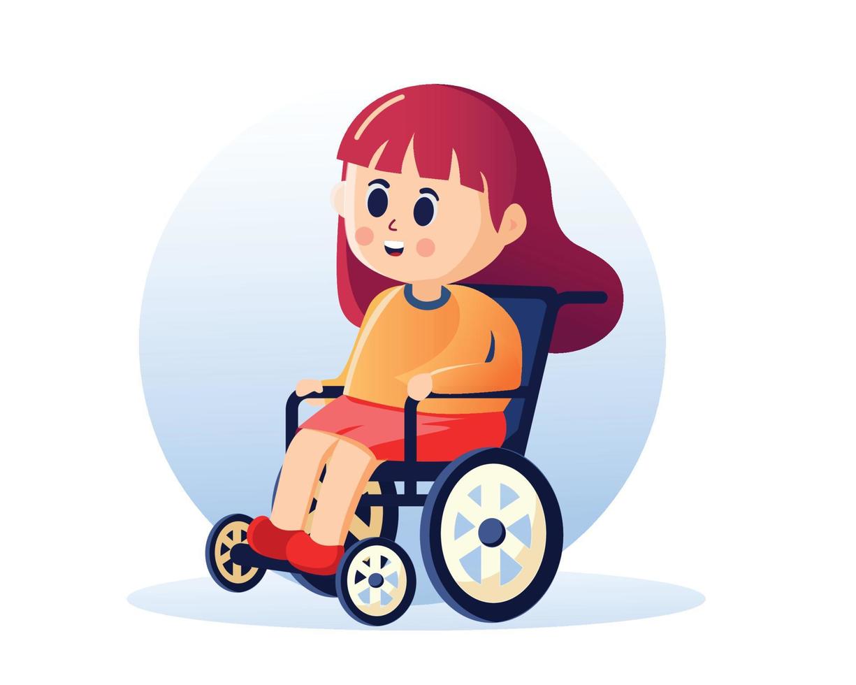 une mignonne désactivée fille est assis dans une fauteuil roulant, plat conception vecteur