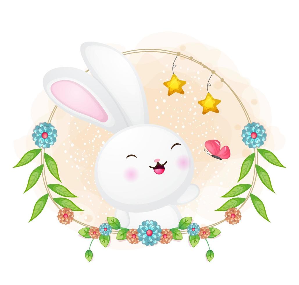mignon lapin et papillon jouant avec illustration de dessin animé floral. animaux avec collection florale vecteur Premium