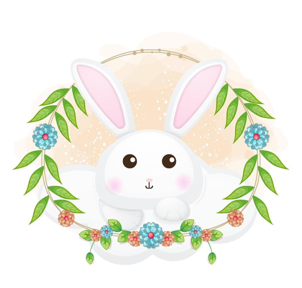 lapin mignon sur le nuage avec illustration de dessin animé floral. animaux avec collection florale vecteur