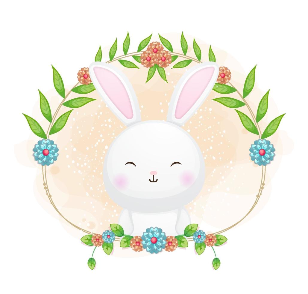 lapin mignon avec illustration de dessin animé floral. animaux avec collection florale vecteur