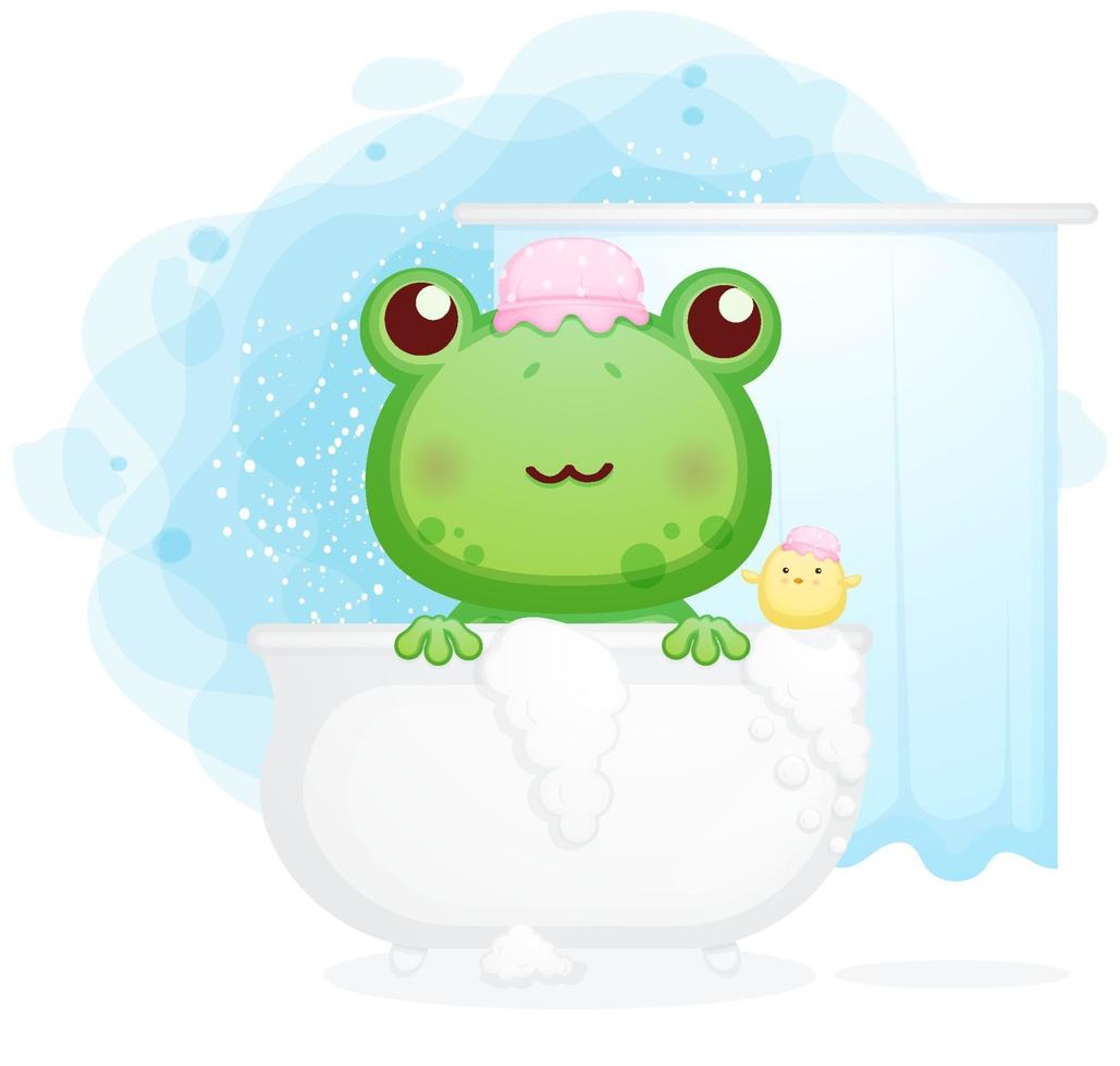 grenouille mignonne dans la baignoire avec illustration de dessin animé de poussins vecteur