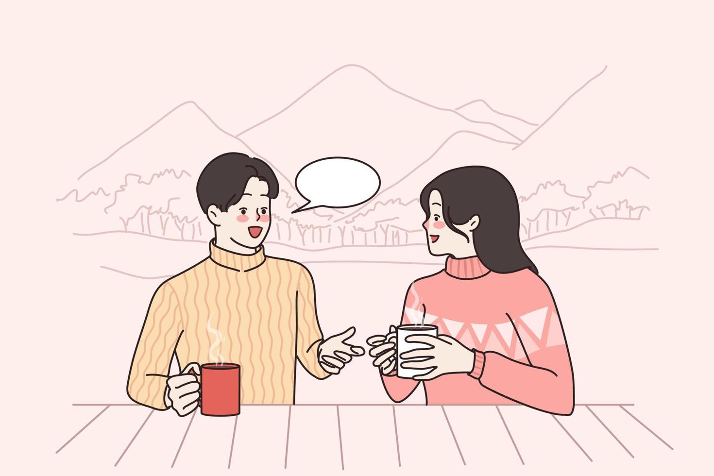 hiver loisir Activités et la communication concept. Jeune content couple homme et femme dessin animé personnages séance en buvant café bavardage pendant planche a neige n montagnes vecteur illustration