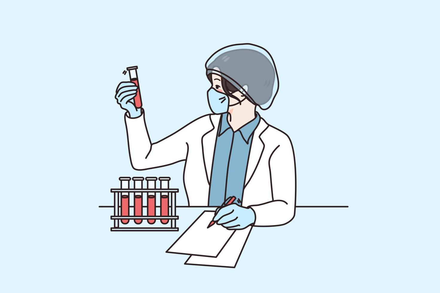 femme scientifique dans médical uniforme et chapeau travail avec tubes dans laboratoire. femelle chercheur ou spécialiste expérience faire Découverte développer vaccin dans laboratoire. recherche et science. vecteur illustration.