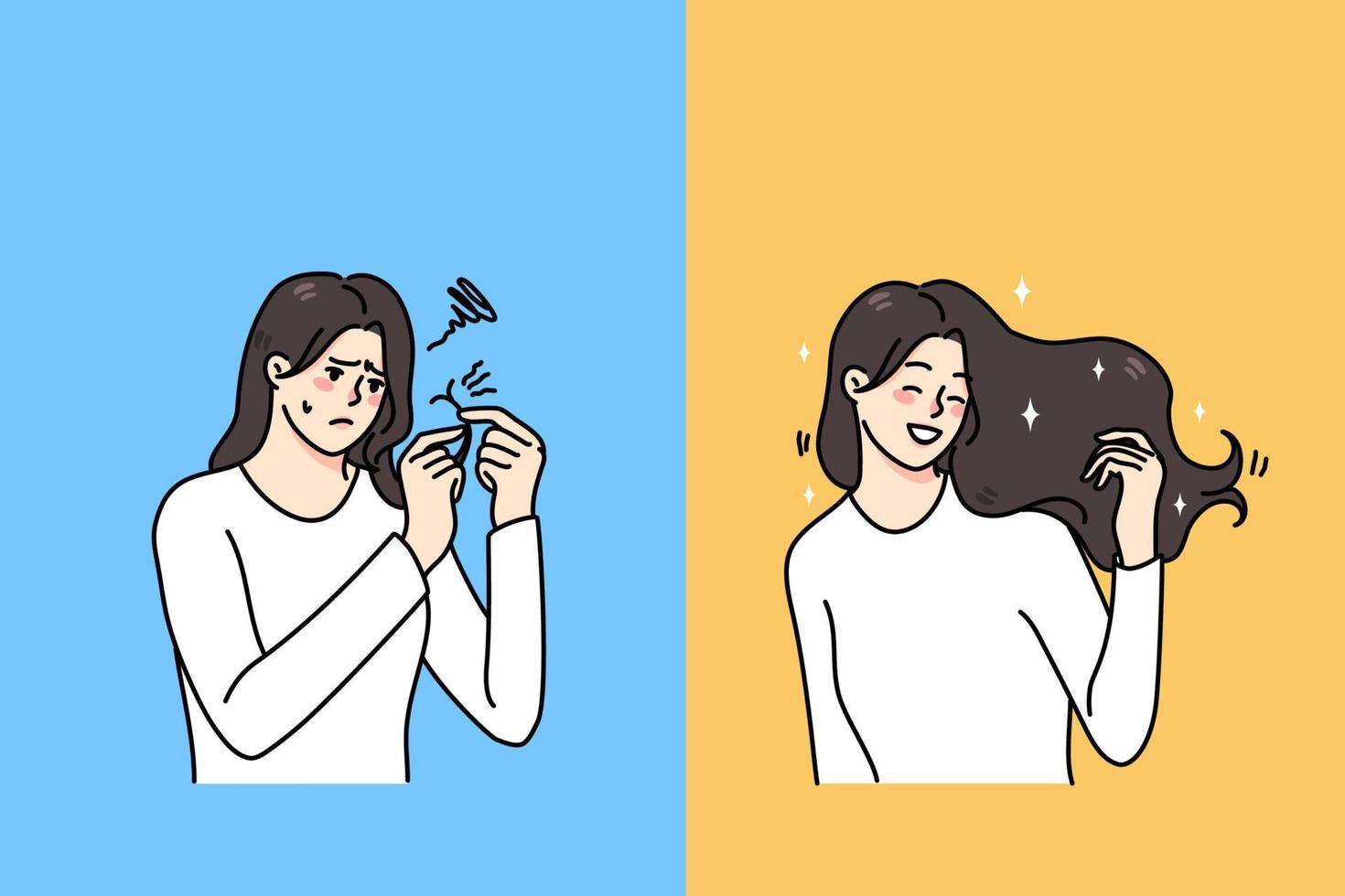 femme avant et après bien qualité cheveux salon traitement. fille avec Divisé prend fin avoir salon kératine procédure lissage et rajeunissement procédure. beauté et cosmétique. vecteur illustration.