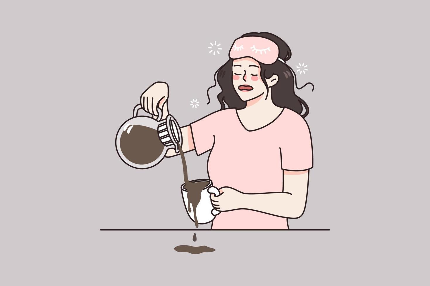 somnolent fatigué Jeune femme faire café dans Matin ressentir fatigue après sans sommeil nuit. somnolent fille épuisé avoir besoin sommeil relaxation. de bonne heure Réveillez-vous et épuisement. stress et Burnout. vecteur illustration.