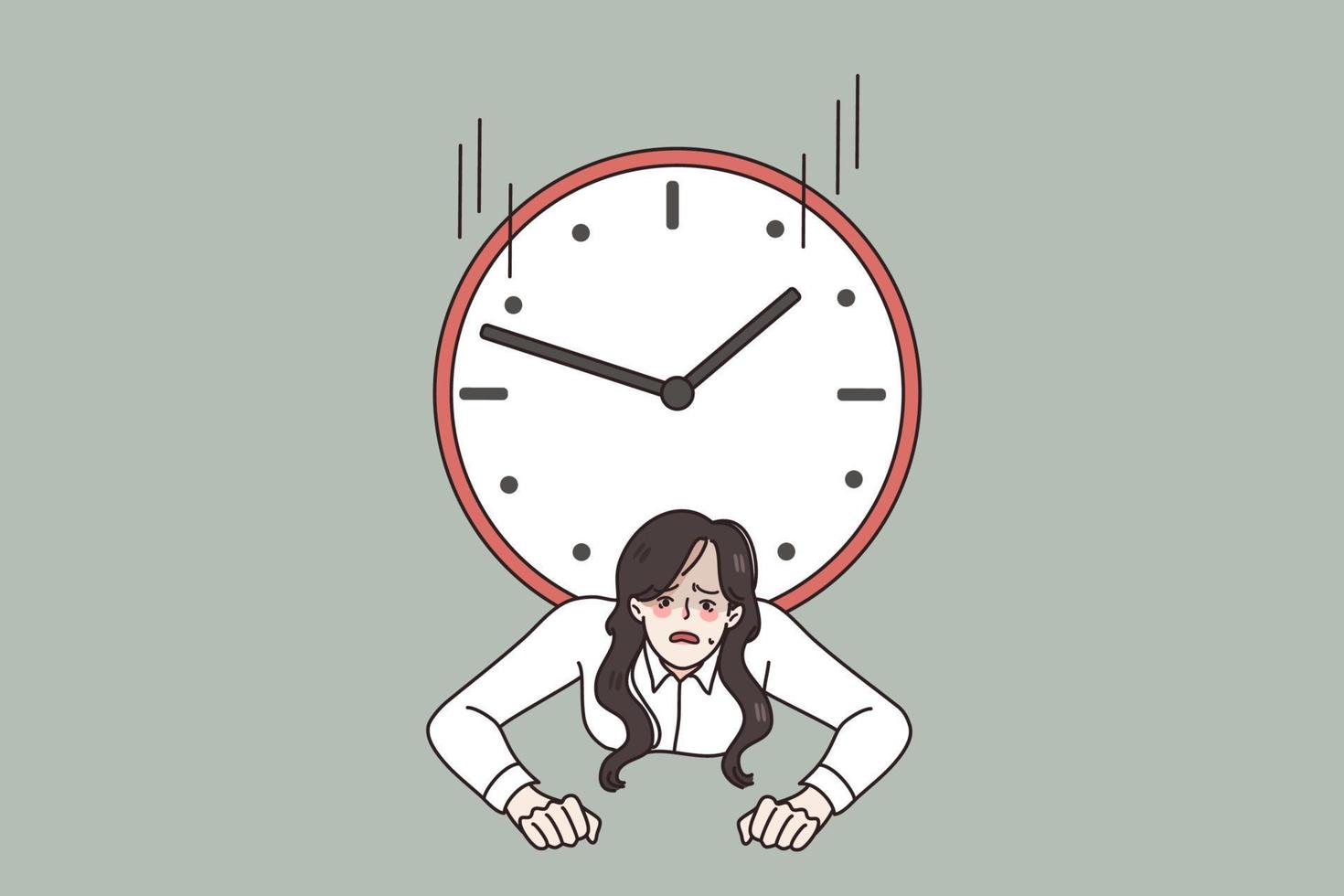 stressé femme employé piégé en dessous de l'horloge gérer chape avec date limite à travail. affligé femme d'affaires mal temps la gestion ou organisation. surmenage, charge de travail concept. vecteur illustration.