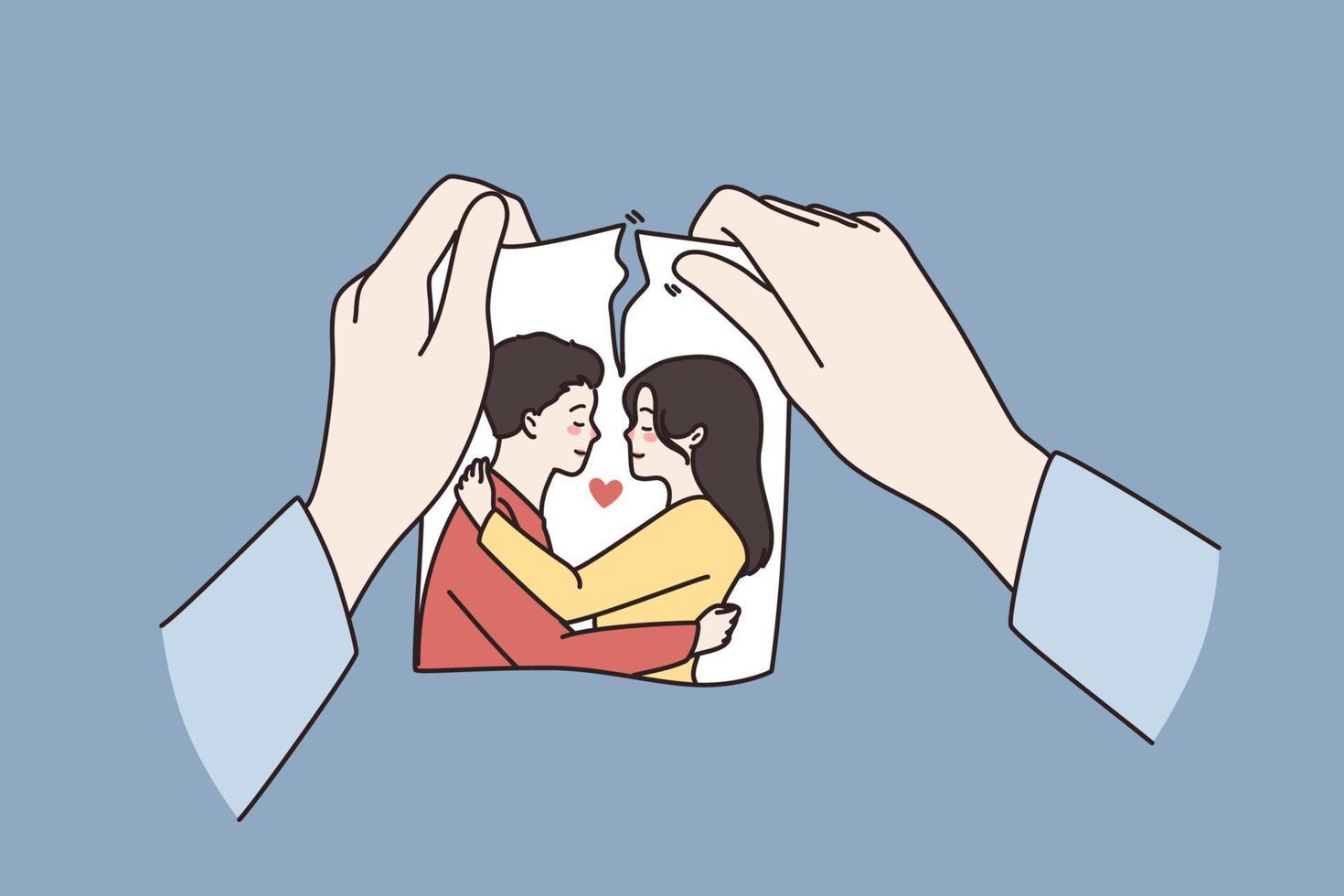 relation crise, cassé en haut concept. Humain mains en portant déchiré photo de couple dans l'amour sens séparation ou divorce plus de bleu Contexte vecteur illustration