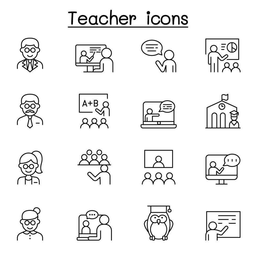 icônes de l & # 39; enseignant définies dans un style de ligne mince vecteur