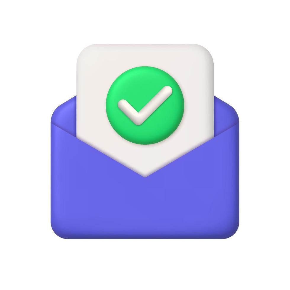 Nouveau message 3d icône. violet ouvert courrier enveloppe, papier et vert bouton avec vérifier marquer. 3d réaliste vecteur conception élément.