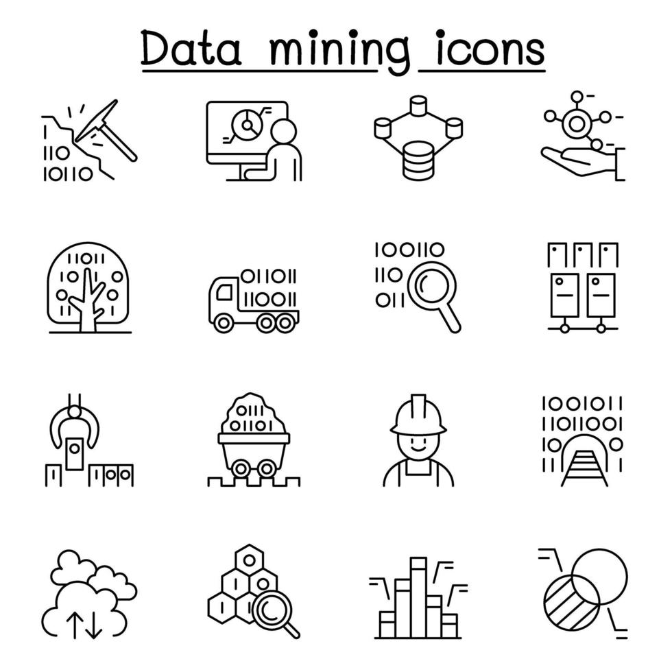 exploration de données, big data, icône d'entrepôt de données définie dans un style de ligne mince vecteur