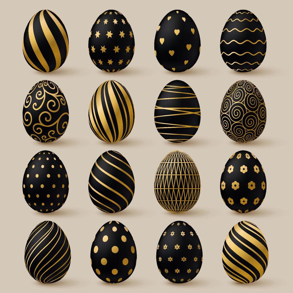 Pâques des œufs collection. noir et or 3d élégant conception éléments. vecteur