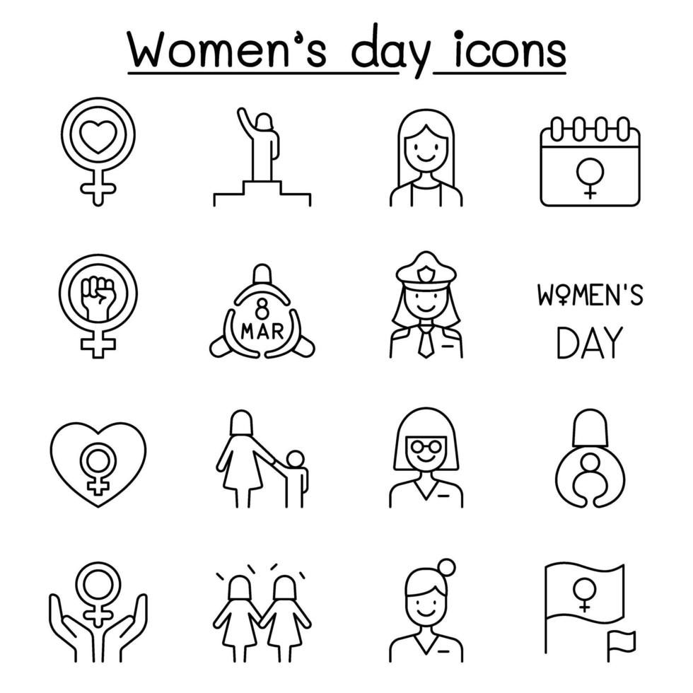 femme, femme, féministe, icônes de jour de femmes définies dans le style de ligne mince vecteur