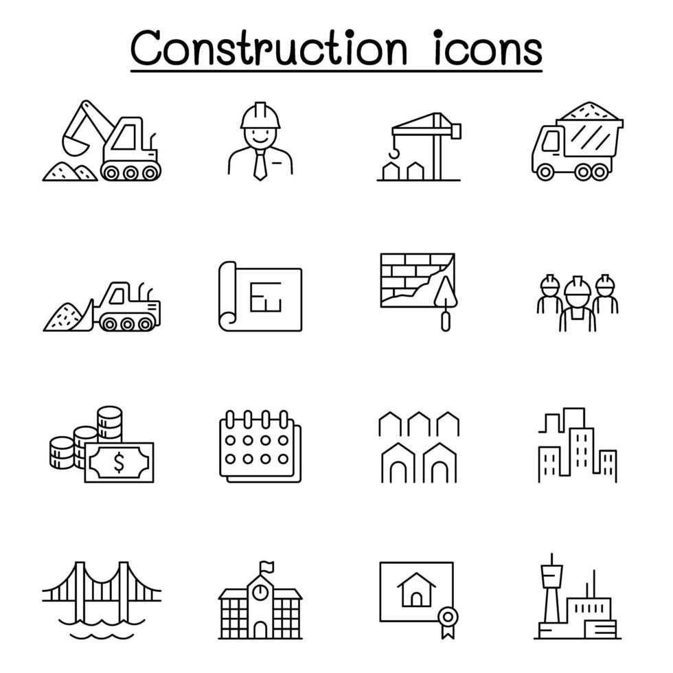 icônes de construction définies dans un style de ligne mince vecteur