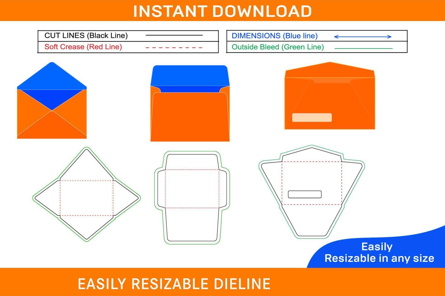 enveloppe ensemble dieline modèle et 3d enveloppe conception boîte dieline et 3d boîte vecteur