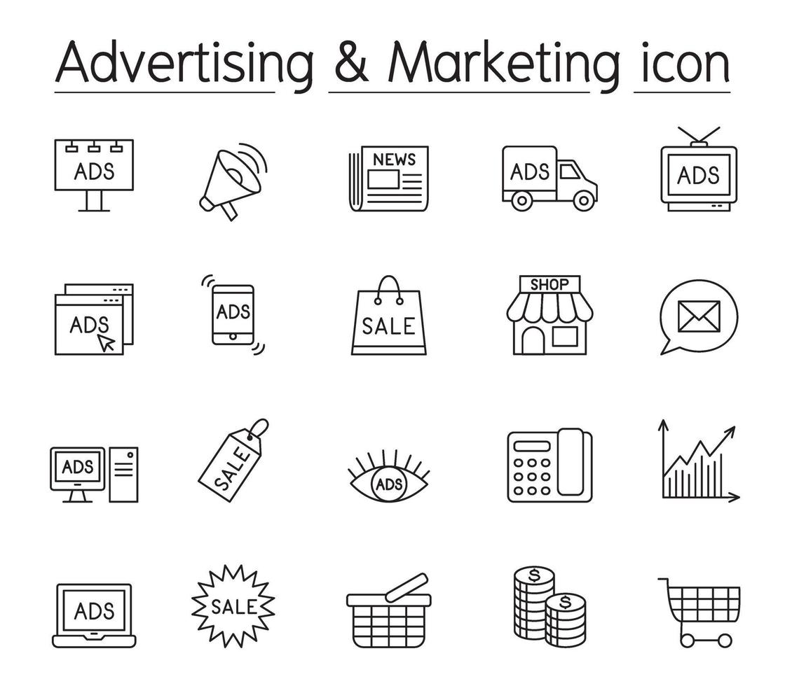icône de publicité et de marketing dans un style de ligne mince vecteur