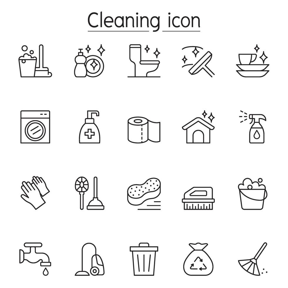 icône de nettoyage définie dans un style de ligne mince vecteur