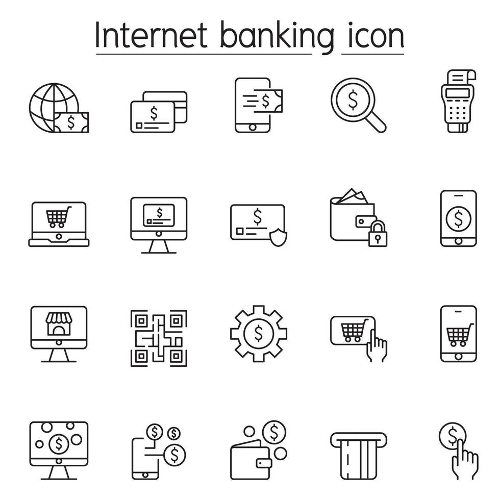 icônes bancaires Internet définies dans un style de ligne mince vecteur