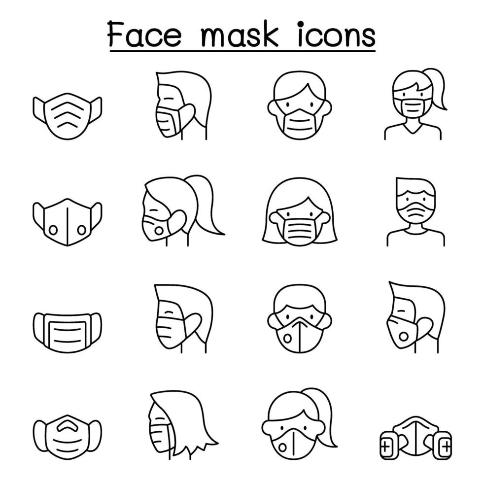 icônes de virus de protection de masque facial définies dans un style de ligne mince vecteur