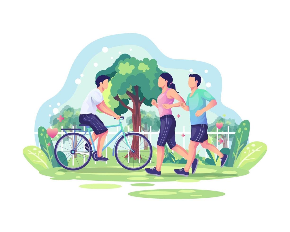 concept d'illustration de la journée mondiale de la santé avec couple jogging et une personne à vélo dans le parc. mode de vie sain vecteur